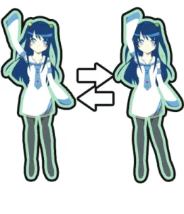 図 4.3: アニメーション 3 図 4.1 は T スタンスのように広げた腕を体の後ろまで下げるアニメーションで ある。動かすパーツ数も少なく、各ツールの使い方を知るためにと考え、基本と なるアニメーションにした。図 4.2 は手を前に組み、首をかしげるアニメーション である。アニメーション 1 では手は体の後ろにあったが、アニメーション 2 では体 の前にあるため、描画順の変更をする必要性がある。図 4.3 は手を振るモーション である。アニメーション 1 とアニメーション 2 は最小 2 つのキーで作