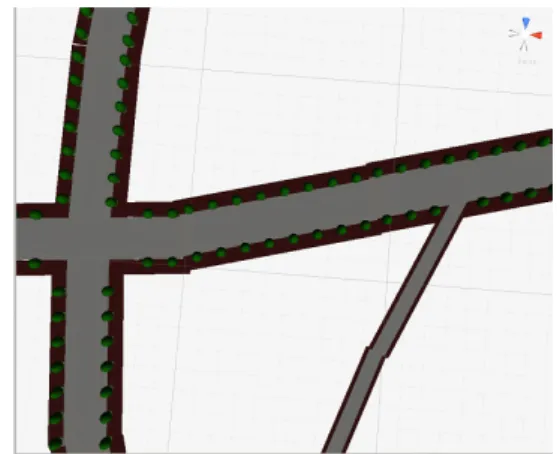 図 4.4: CityEngine による 都市全体の拡大図 図 4.5: 本ツールによる都市全体の拡大図 図 4.4 のように CityEngine では、道の連続性を考慮して植栽を決定していない ため、道の途中で植栽が変更してしまう場合がある。図 4.5 は、その問題の解決と して道の連続性を考慮することで、交差点を挟んだ場合も植栽を行うことができ ている。また、歩道の幅を取り適正外の長さの場合には植栽しないなど、道の形 状特徴によって植栽パターンの変更を行うことができている。 4.2 一般道 図 4.