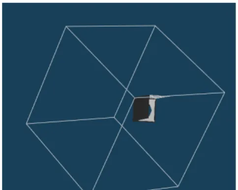 図 2.1: 左から見た CG 防犯カメラ 図 2.2: 正面から見た CG 防犯カメラ 2 図 2.3: 右から見た CG 防犯カメラ 3 次に防犯カメラの設置位置を想定した距離に、ペパクラデザイナー 3 を利用し 作った方眼用紙製のペーパークラフトのカメラを吊るした。作成したカメラは図 2.4, 図 2.5, 図 2.6 である。図 2.4 は、錯視が起こっていない状態のカメラである。 赤線は、各面の境界線である。これが手前にでっぱって見えることで、奥行きが