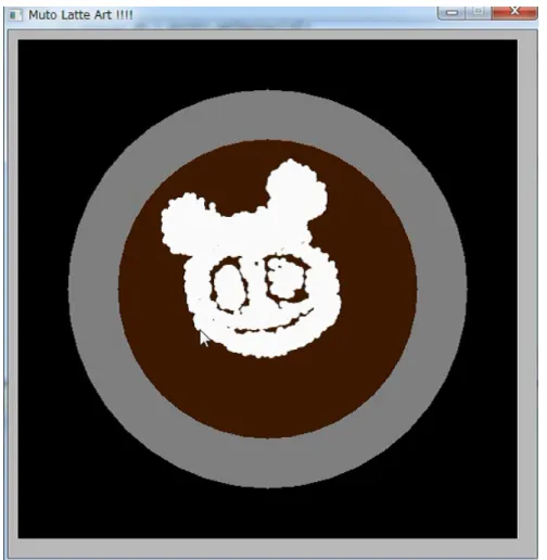 図 4.7: ピックアートで描いた例 4.2 試用したユーザーからの評価 本研究では提案手法を実装したシステムをラテアートが未経験の 10 名に実際に 試用してもらった。その際に得られた意見や感想を抽出し、以下にまとめる。 • ラテアートの動画と同じ流し方で近い絵を描くことができた。 • 数回でコツを掴む事ができ、簡単にラテアートを描ける。 • 練習としてでなく、単純に楽しみながら遊べるツールである。 • ペンとカップの持ち方が違い、実際にラテアートをすると細かな違和感が あった。