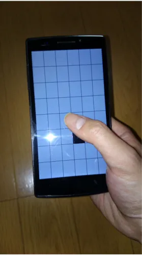 図 2.2 アプリケーション操作 アプリケーションを被験者に操作してもらい、その結果を分析する。 22-24 歳の男性 12 名を被 験者とした。被験者の手の長さは 16.8-19.5cm だった。端末画面の実験開始ボタンをタッチする と実験が開始し、端末画面に黒い四角のターゲットを表示する。できる限り正確にターゲットを ポインティングすることと、手がターゲットに届かない場合には手をずらしてもかまわないが押 した後には元の位置に戻すように指示した。どうしてもターゲットに指が届かない場合には出来 る限りターゲ