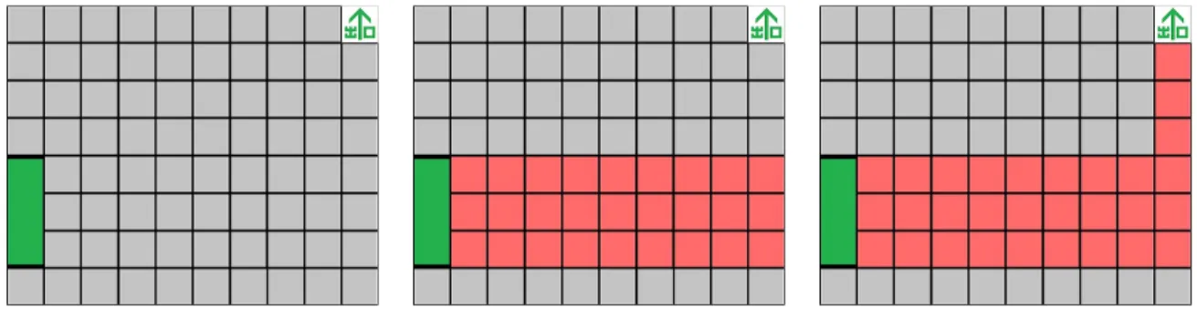 図 3.5 出口から改札までの経路の生成過程 3.3.4 コンコース 本小節では、コンコースの生成手法について述べる。なお、地上駅または高架駅におけるコ ンコースは同一の方法で自動生成することができる。本手法で生成するコンコースには改札口 より左側に 2 つの階段と 1 つのエレベーターがあるものとする。また、階段とエレベーターは x 軸に平行な同一直線上にあるものとし、エレベーターは 2 つの階段の間にあるものとする。 なお、エレベーターの向きは考慮していない。平面 w 2 において、階段の位置座標をそれ