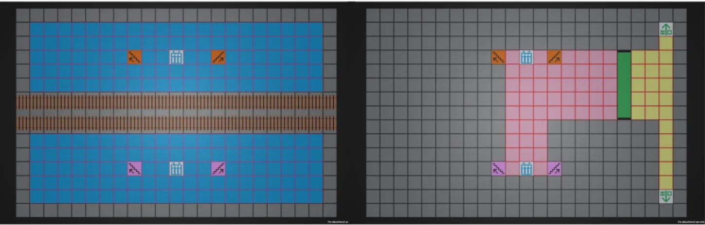 図 4.2 本ツールにおける相原駅の駅構内図 図 4.2 は簡易的ではあるが、経路を自動生成した駅構内図の生成結果の画像であり、左はプラッ トホーム、右はコンコースの駅構内図を表している。作成した駅構内図から鉄道駅形状を自動生 成するために事前に用意した 3D モデルを置き換える。図 4.3 は相原駅の駅構内図から 3D モデ ルを置き換えた鉄道駅形状の画像である。 図 4.3 相原駅の駅構内図から 3D モデルを置き換えた鉄道駅形状 図 4.1 の相原駅の駅構内の写真と、図 4.3 のプラットホームとコン