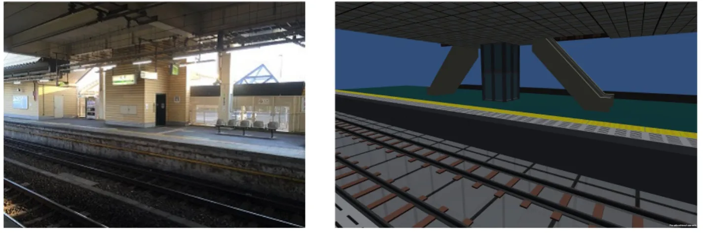 図 4.7 相原駅と比較画像その 4 図 4.4 と図 4.5 におけるコンコースの比較画像について、階段やエレベーターの配置の仕方に よって自動生成される経路に若干の違いはあるが、相原駅のコンコースは表現できた。図 4.6 と 図 4.7 におけるプラットホームの比較画像について、階段の長さや階段の配置間隔に違いはある が、同様に相原駅のプラットホームは表現できた。 高架駅である総武線の下総中山駅の鉄道駅形状の自動生成過程について説明する。図 4.8 は下 総中山駅の駅構内図を撮影してきた写真である。