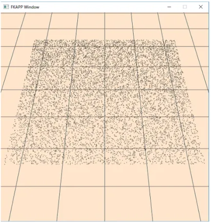 図 4.1 ランダムな位置に砂を描画した画面 次に指の位置情報について記述する。 Leap Motion を使用したことで実際の手の立体的な位置 情報を取得することができた。また、指先の位置だけを球体で示したことで、手によって砂が隠 れて見えなくなるという状況を防ぐことができた。カメラを斜めからの視点にしたことで指の高 さについても視認することができた。 図 4.2 は検出した指先の位置情報をシステム上で反映した画像である。