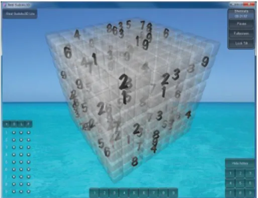 図 1.1 RealSudoku3D の実行画面   研究結果では、 RealSudoku3D よりも操作性がよく、問題を解いた際の達成感という点でも有 意差が得られたという実験結果を得ている。 図 1.2 Unity を用いて問題を立体表記する研究の実行画面   しかしながら、ここまで数独が複雑化してしまうと、人力で問題を生成することが非常に困難で ある。また、立体数独という存在が一般的にはほとんど認知されていないからか、立体数独の問題 を自動生成するソフトウェアは存在していない。よって本研究では、立体数
