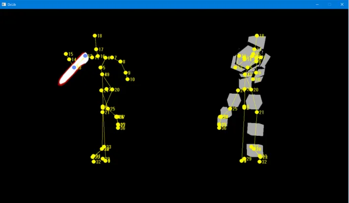 図 2.8 キャラクター画像素材のパーツを仮に置いた様子（肩から肘にかけた腕パーツの例） ここで現時点で配置したパーツの縦の長さと、 2 点の 2D 関節座標の長さが異なるため、 2 点の 2D 関節座標の長さとパーツにおける、 2 点のパーツ関節座標が合うよう補正する。パーツにおけ るパーツ関節座標の始点となる部分は関節座標の始点となる 2D 関節座標に配置し、パーツにお けるパーツ関節座標の終点となる部分は関節座標の終点となる 2D 関節座標に重ねるように配置 する。 実際に変形させた後の配置イメージが