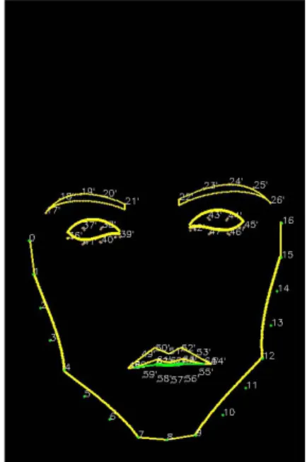 図 2.20 は下唇の上半部の描画図示である。下唇同様に上、下側に分けている。また、上側は左 中右 3 部に分分け、両端に線分で口角の表情を表す。ただし、下唇の口角は P 48 ′ 、 P 54 ′ ではなく、 P 60 ′ 、 P 64 ′ である。線分 P 60 ′ P 67 ′ 、 P 64 ′ P 65 ′ 及び B´ ezier 曲線 L 3 (t) = P 67 ′ (1 − t) 3 + 3P 66 ′ t(1 − t) 2 + 3P 66 ′ t 2 (1 − t) + P 65 ′ t 3