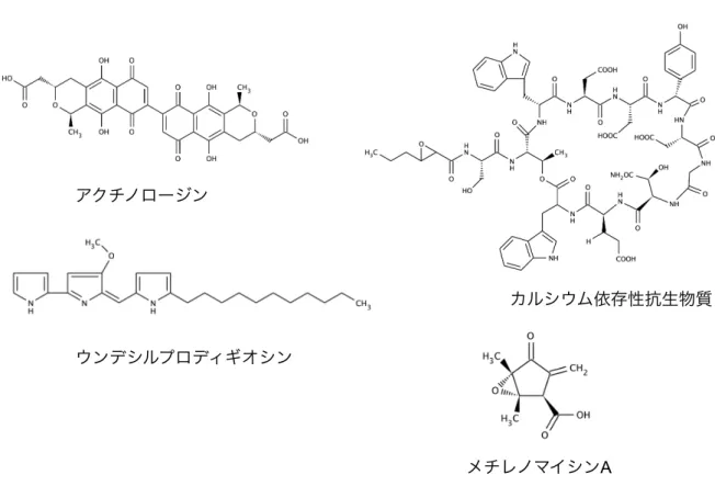 図 1. 2. 1.   S. coelicolor A3(2)の 生 産 す る 二 次 代 謝 産 物              （カルシウム依存性抗生物質は類縁体の 1 つを示した） アクチノロージン ウンデシルプロディギオシン  メチレノマイシン A   カルシウム依存性抗生物質 
