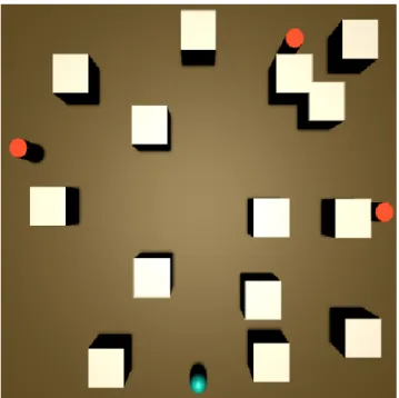 図 2.4 シューティングゲームのマップを上から見た図 図中のうち、青いオブジェクトがプレイヤーで、赤いオブジェクトが疑似プレイヤーである。 フィールドは土のような茶色とし、障害物を白い直方体のオブジェクトとして配置した。障害物 の配置はまんべんなく、お互いが一定の距離間を保ち、整列しないようにバラバラに配置した。敵 の人数はマップの狭さから 3 人とした。 2.3.2 戦闘の仕様 攻撃手段は、プレイヤーも疑似プレイヤーも 4 方向に発射できる銃撃のような弾による攻撃の みである。プレイヤーはスペースを押し