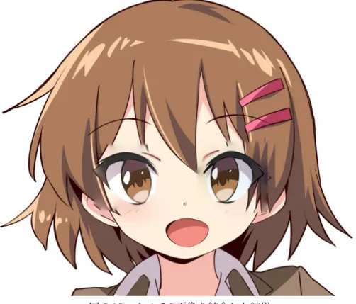 図 3.10 すべての画像を結合した結果 3.3 画像認識を用いた自動化 3.2 節では、あらかじめ用意したベース画像と目の画像素材を合成する手法について述べた。本 節では、全工程を自動化し、 1 枚の画像から低年齢化した画像の生成を目的とする。そのため、目 の画像素材を用意せず、画像認識を用いてベース画像から目を検出し、検出した目に対して 3.2 節 と同じ処理を行う。 画像認識にはカスケード分類器を用いた。カスケード型分類器とは、 OpenCV で用いるオブ ジェクト検出器で、複数の正例と負例の学習によ