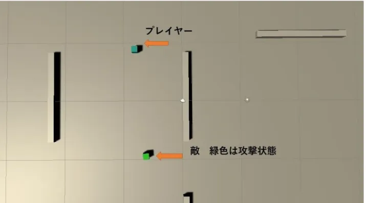図 4.5 実験結果 1 の実行画像 4.9 実験結果 2 実験結果 2 はキャラクターの HP は 30 ％以下の時。 Q 値一番高いルートはゲームスタートし た時、最初敵はカバーを探すること一番いいの選択である。つまりエージェントは攻撃より防衛 のほうが優先的である。図 4.6 赤色についている所は今 Q 値によるビヘイビアツリー一番選択い いのルートである。図 4.7 エージェントを提案手法としての有効性の検証の実行画像である。