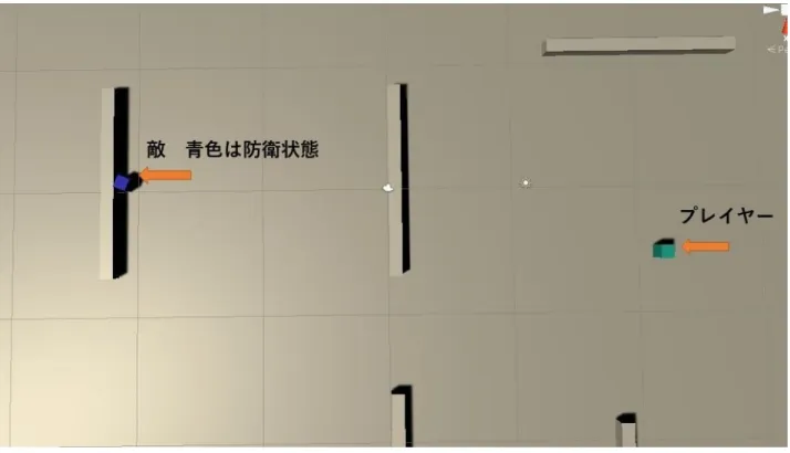 図 4.7 実験結果 2 の実行画像 4.10 提案手法の最終結果 今回の提案手法を使用して、ビヘイビアツリーに評価した時。ゲームをする時、 HP の各自の設 置で最初の評価が有効になることを証明した。しかし、ゲームを進行時、提案手法による Q 値の リアルタイムの更新が出来てない為、提案手法による対戦評価の有効性が評価ができてない。こ れは提案手法の不足である。 4.11 考察 本手法によって、ビヘイビアーツリーは行動を選択する時に、 Q 値の報酬に設定した値の価値 が高いルートを発見すること出来てるが。