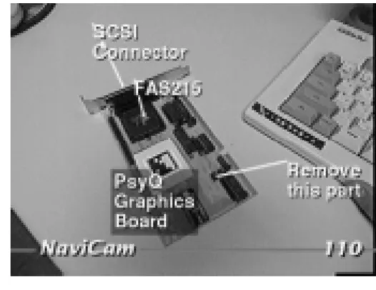 Fig. 1 システムの全貌 2) 1 はじめに 1) われわれが住む実世界空間とコンピュータが対象とす る情報空間をつなぐ インタフェースの一般的なものとし て，キーボード やマウス等がある．しかし，これらのイ ンタフェースは情報空間上で人間とコンピュータの対話 をサポートしてきたもので，人間にとっては実世界での 行動とのギャップが大きく，快適に使えるとは言えない． そこで，人間が日常的に直面するさまざ まな状況を認 識して，その状況において有益な情報を提供し人間をサ ポートするようなインターフェイスが数