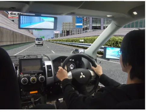 図 2.2 DS の運転席 （注：画面ははめ込み合成） 以下に，それぞれの PC の詳細な構成とその働きを述べる． 2.2.2 制御系 (PC1) 制御系の PC には，統合制御プログラムが実装されており，車両のダイナミクス計算や スピーカからエンジン音の出力， USB を介してのステアリング，アクセル，ブレーキ操作 情報の収集を行う．自動車への入力装置としてステアリング，アクセル，ブレーキをシー トとともに持ち込みコクピットを形成している ( 図 2.2 参照 ) ． CarSim 車両ダイナミクスは C