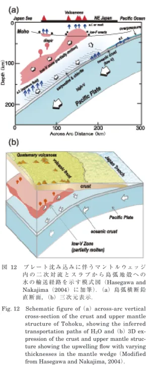 Fig. 12　 Schematic  figure  of  （a）   across-arc  vertical  cross-section of the crust and upper mantle  structure  of  Tohoku,  showing  the  inferred  transportation paths of H 2 O and  （b）  3D  ex-pression of the crust and upper mantle  struc-ture showi