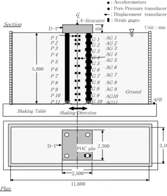 図 21  地盤-杭-構造物系の液状化実験の大型せん断土  槽モデルと計器配置(CASE-3) 