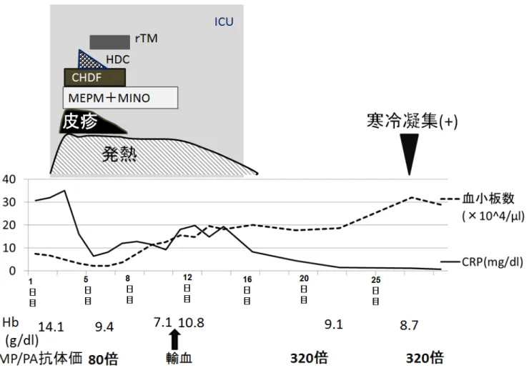 図 2 入院後臨床経過図、 MP; Mycoplasma pneumoniae, PA; particle agglutination （微粒子結合法）、 rTM: recombinant  thrombomodulin （遺伝子組み換えトロンボモジュリン）、 HDC: hydrocortisone, CHDF; continuous hemodiafiltration,  MEPM: Meropenem, MINO: Minocycline 
