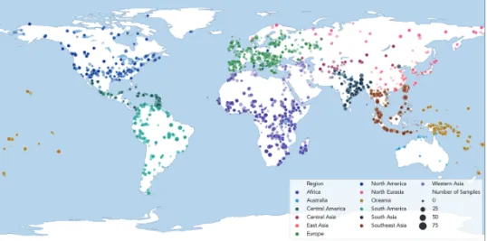 Figure 1　 A map of the current Global Jukebox sample of recordings of traditional songs  that have been coded using Cantometrics