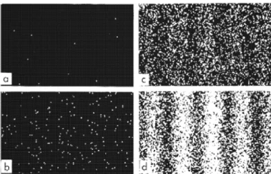 図 2: 2 重スリットの実験。輝点は電子がスクリーンに到達した跡。 (a) 、 (b) 、 (c) 、 (d) と時間が経過している。