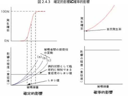 図 2.4.3 確定的影響と確率的影響  〔出典〕草間朋子（編） ：ICRP1990 勧告―その要点と考え方、日刊工業新聞社（1991 年５月） （２）遺伝的影響について  親の生殖細胞が放射線被ばくした時に、その後に生まれてくる子孫に重篤な遺伝病(遺伝 的疾患ともいう)が、どの程度発現するかを見積ったものが「放射線による遺伝的影響のリ スク」である。人間での直接的なデータとしては、広島・長崎の原爆被ばく者子孫のデー タが唯一のものであるが、 現在までのところ遺伝的影響は観察されていない。 したがって、 遺