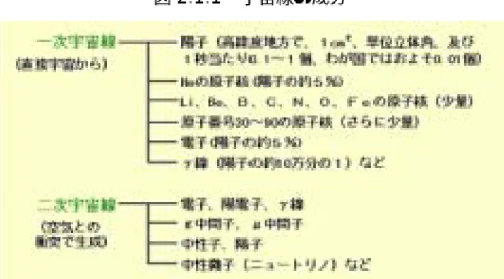 図 2.1.1 宇宙線の成分  〔出典〕物理学辞典編集委員会（編） ：改訂版 物理学辞典、培風館、 （ 1992 ） p.131-133 、 国立天文台（編） ：理科年表、丸善、 （ 1998 ） p.151-166  図 2.1.2 自然放射線とその起源       ［出典］原子力百科事典 ATOMICA  地球が冷えるに従って出来た原始の海では、宇宙放射線や太陽からの紫外線のエネルギ ーによって無機物から有機物が生成され、自己と同じものを複製することができる生命体 へと進化したと考えられている。生命の出