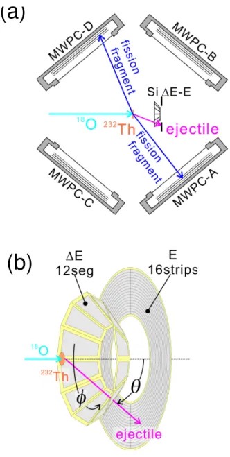 図 3.1.1-1: 検出器のセットアップ (a) とシリコン ∆E-E 検出器 (b)