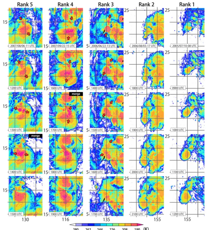 Fig. 9 Examples of subjective analysis about MCSs merger accompanied tropical cyclogenesis