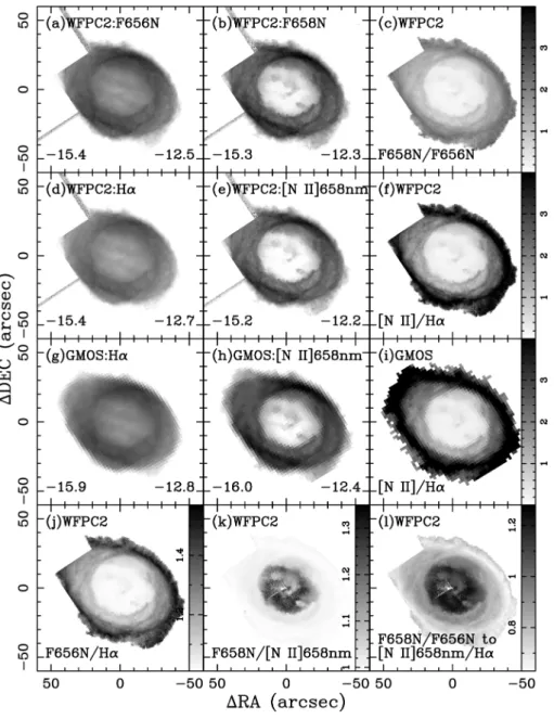 図 8  NGC 6720 の HST 画像で検証した QP 輝線画像抽出法のまとめ． HST/WFPC2 の生画像（ a: F656N 画像， b:  F658N 画像， c: F658N/F656N 比） , QP 輝線画像抽出法を施した画像（ d: Hα 画像， e: [N  II ] 658.3 nm 画像， f:  [N  II ] 658.3 nm/Hα 比） , GMOS スペクトルキューブから 作った 輝線画像模範解答（ g: Hα 画像， h: [N  II ]  658.3 nm 画像，
