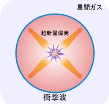 図 ３ ： 線は 磁力 線 で矢 印が磁 場 の 向 きを表す。磁力線がつなぎ変わり（上 段から下段）、双方向に噴出するジェ ッ ト （ 灰色 矢印 ） と磁 場の塊 が 作 ら れる。 図２：超新星爆発によって発生する衝撃波 U用語解説 ＊ １ 衝 突 が ほ と ん ど 起 き な い プ ラ ズ マ 中 で の 衝 撃波（無衝突衝撃波） 宇宙空間のガスの大部分は電離した高温プラズマ状態で、粒子間の衝突がまれな無衝突プラズマとして扱われる。無衝突プラズマ中に形成される衝撃波を無衝突衝撃波といい、プラズマ