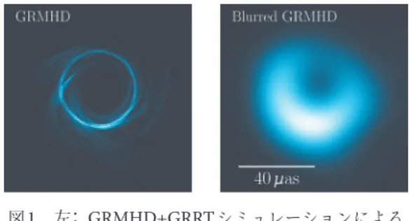 図 1  左： GRMHD+GRRT シミュレーションによる