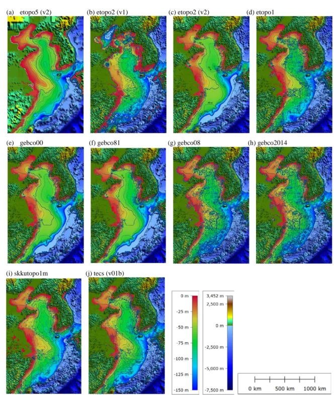 Fig. 3 Depth distribution around the ECS derived from ten different bathymetric datasets (the list of the datasets is found in  Table 1)
