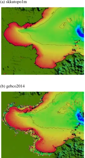 Fig. 5  Bathymetry of the western Bohai Sea created by  using  (a) skkutopo1m and (b) gebco2014 datasets