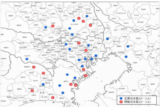 図表  21  ⽔素ステーション整備の状況②    ［出典］資源エネルギー庁作成 ユーザーが許容できる⽔素ステーションまでの時間距離は、⾃動⾞による⾛⾏で 10 分程度と 考えられている。これを早期に実現するため、まずは 2016 年度内に、エネルギー基本計画におい ても確認された⽬標である、四⼤都市圏を中⼼に 100 箇所程度の⽔素供給場所の確保を達 成する。それ以降は、前述の FCV の普及⽬標を最も効率的に達成できるよう、戦略的に⽔素ス テーションを配置していく。定量的には、2020 年度までに 20