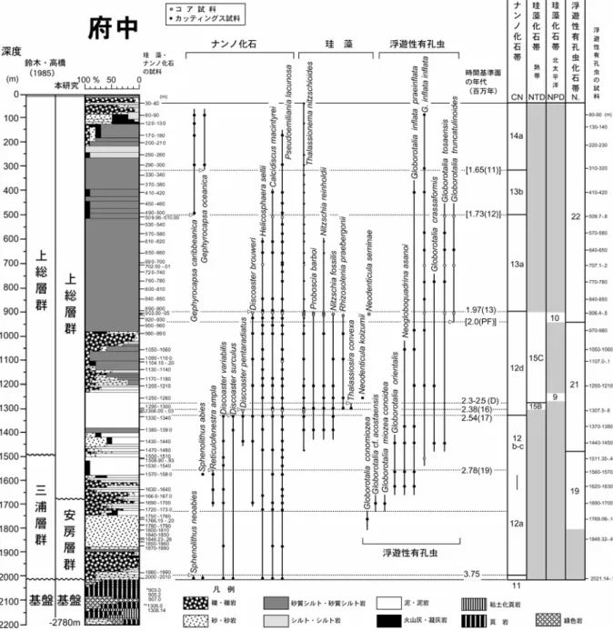 図 5 府中観測井の年代層序．時間基準面の括弧内の数字は  佐藤ほか（1999）の石灰質ナンノ化石基準面の番号を示す． 