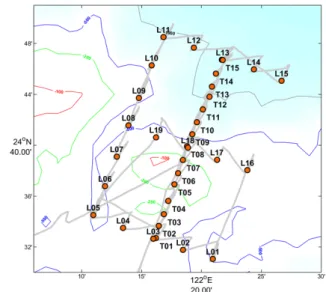 Figure  2.  Bottom  topography around  the  I- I-Lan  Ridge.  Mooring  positions  are  indicated by blue triangles