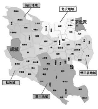 図表 1 東京都世田谷区の 5 地域と下北沢／成城の位置づけ なかったとされる。現在では創造性とは，新奇で独自的かつ生産的な発想 を考え出すことまたその能力を指す (OED, 2010) 。 2 ─ 2 調査・研究の目的 本調査・研究の目的は既にのべたように，小田急線沿線にある下北沢， 成城学園前ならびにその周辺地域における企業・商店街を中心に，その発 展の推移を検証することである。 特に取り上げる期間としては，第二次世界大戦後である 1945 年〜2020 年の約 70 年余間の推移を反映した様々な資料を