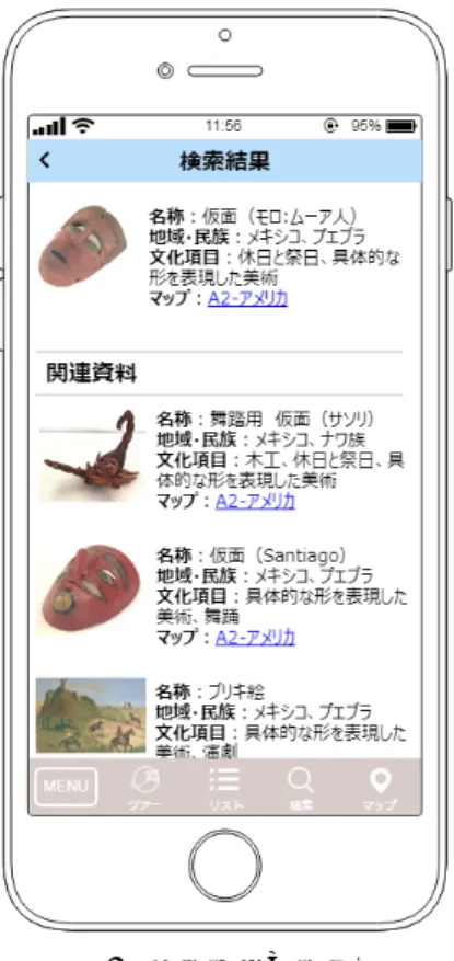 図   4 検索結果の表示例 5.    あとがき 民博の標本資料に付与されている OWC コー ドと OCM コードを利用して関連度を計算し、 参照資料に関連する別の資料を提示する手法 について提案した。 しかしながら、民博が所蔵するすべての資料 786,363 点を対象とする関連度計算を行うと、 システムのリアルタイムの反応が遅くなる可 能性があるため，あらかじめ関連度計算して蓄 積しておく必要があるだろう． 参考文献 [1]  岩谷洋史 ,  本村康哲 :  エスノグラフィックア プローチによる博物館