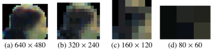 Fig. 2 Examples of face templates for various sizes [pixels] of original im- im-ages. As a reference, the sizes [pixels] of face regions of this specific subject is 27 × 21, 14 × 12, 6 × 6, and 3 × 2 for (a)–(d), respectively.