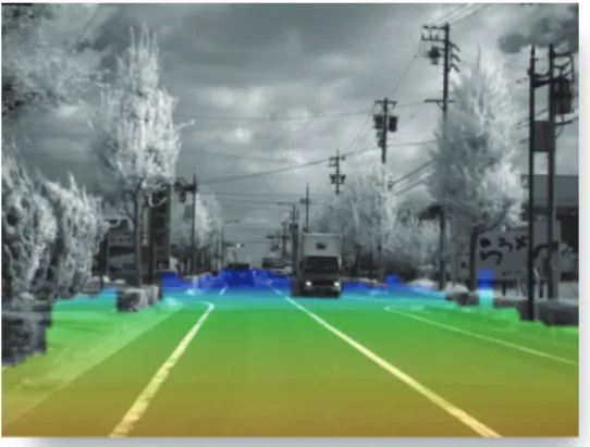 Fig. 2 Estimation of road region by SfM module. (a) Candidate feature points regarded as a road region are colored as the points get closer, the color shifts from black to red