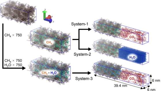 Fig.  6●  Initial Setting of MD Simulation Systems for the Study of the Replacement of CH 4  by CO 2  in Kerogen  Nanopores in Chapter 4