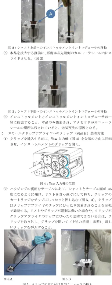 図 2：シャフト上部へのインストゥルメントイントロデューサの移動  (5)  本品を抜去する直前に、再度本品先端側のカニューラシール内にス ライドさせる。（図 3）  図 3：シャフト下部へのインストゥルメントイントロデューサの移動  (6)  インストゥルメントとインストゥルメントイントロデューサは一 緒に抜去すること。本品のみ抜去され、アクセサリがカニューラ シールの場所に残されていると、送気喪失の原因となる。  5