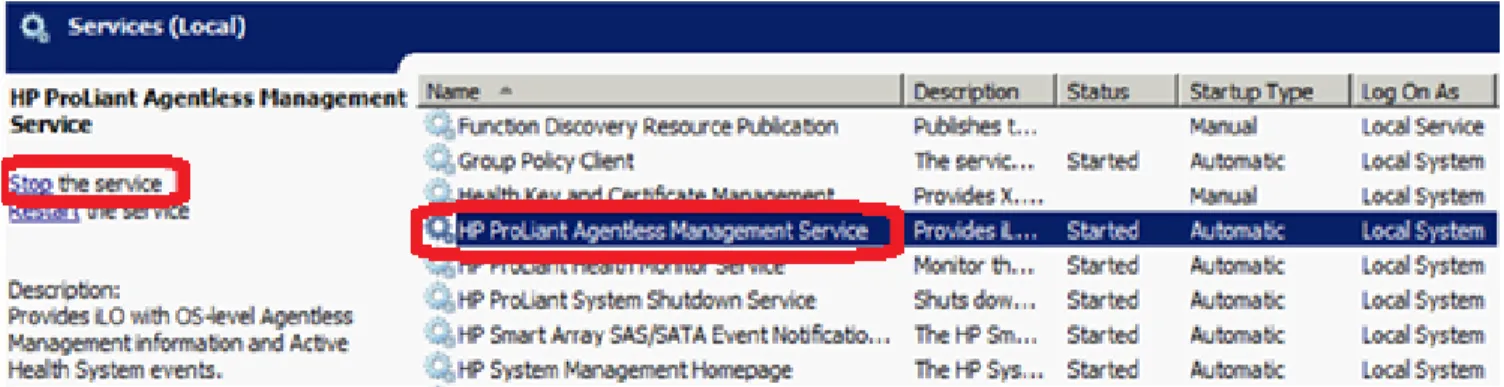 図 11: Windows サービスアプレットで HP Agentless Management Service を起動または停止   