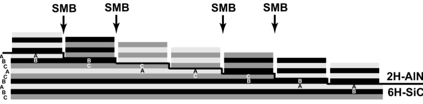 Figure 1.5: Schematic figure of stacking sequences in topmost two layers of 6H-SiC (0001) substrate with 1-bilayer-high steps.