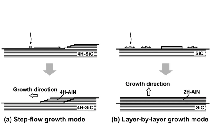 Figure 4.7: Schematic images of (a) 4H-AlN on 4H-SiC {0001} with step-flow growth mode and (b) 2H-AlN on SiC {0001} with layer-by-layer growth mode.