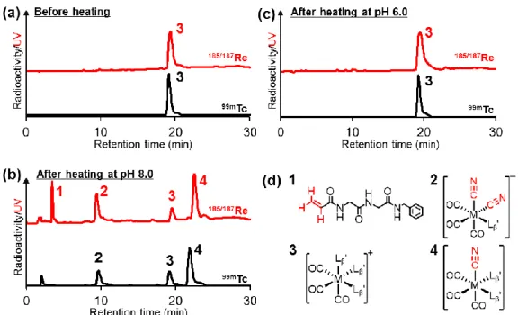 Figure  7.  99m Tc/Re-[L β ’] 3 の  (a)  加熱前、(b)  pH  8.0 での加熱後、(c)  pH  6.0 での加熱後の