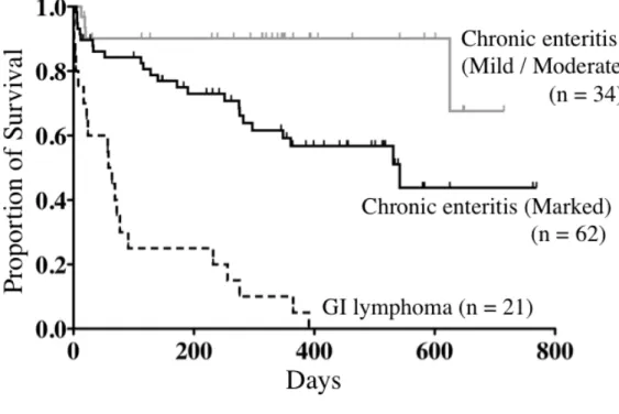 Fig. 1-6. Kaplan-Meier curves for dogs with mild/moderate chronic enteritis, marked enteritis,  and gastrointestinal (GI) lymphoma (34, 62, and 21 dogs, respectively)