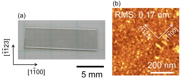 図 2.3 { 11¯ 22 } GaN 基板の (a) 写真および (b) 表面 AFM 像 .