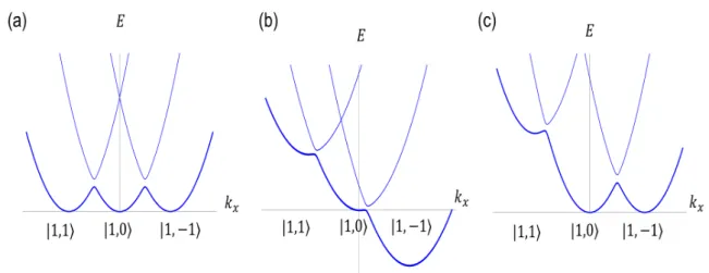 図 2.2: ハミルトニアンの式 (2 . 3) を対角化することで得られる分散関係．太線は最低エネル ギーのブランチを表す． 3 つの図はそれぞれ (a) ϵ 1 = ϵ 2 = 0 の場合 ， (b) ϵ 1 , ϵ 2 > 0 の場合， (c) ϵ 1 > 0 ， ϵ 2 ≃ 0 の場合の分散関係と対応している． 3 つの図から、離調パラメータ ϵ 1 お よび ϵ 2 の値を制御することで左右の極小値を上下にずらすことが可能だとわかる． 一様なベクトルポテンシャルが生じていると考えること