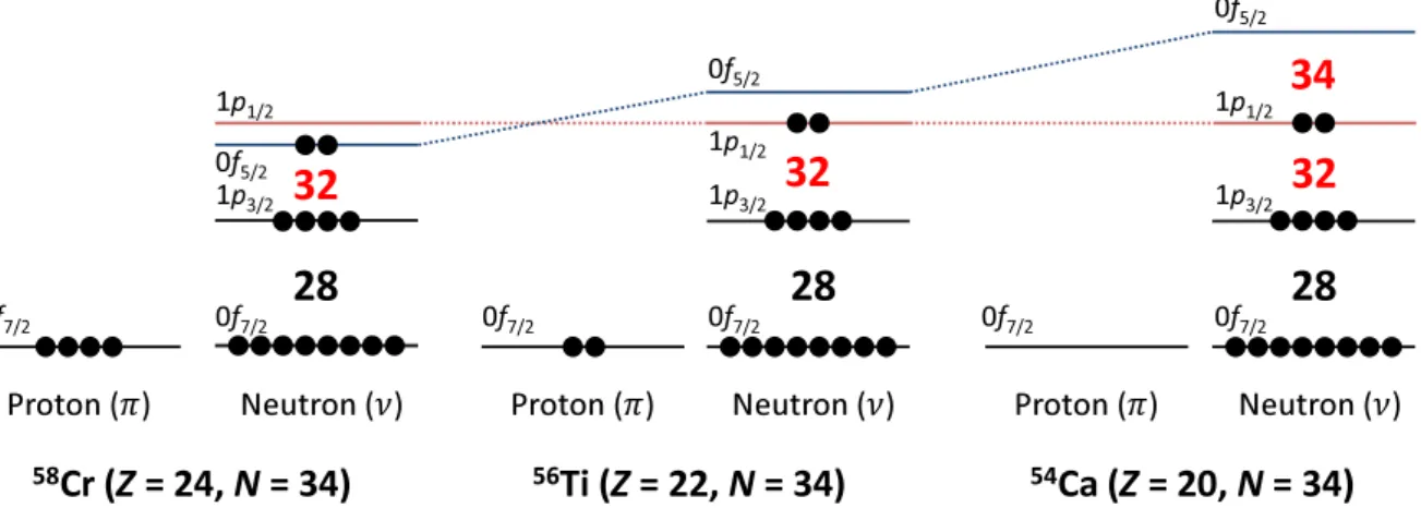 Figure 1.3: Schematic illustration of changes in the shell structure at N = 32 and 34.